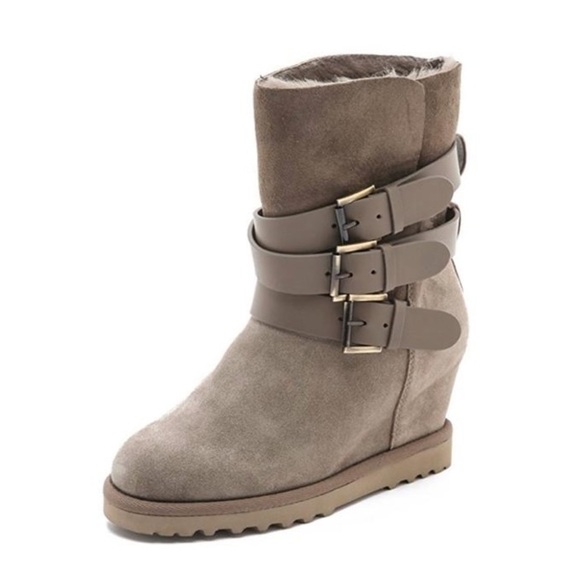 ASH | Full Shearling Lined Suede Wedge Boot |Greige Taupe 8 US NWT 38 EU | NIB - Picture 2 of 7